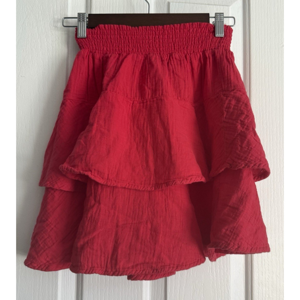 bobi Los Angeles Size S Red Chili Cotton Smocked Waist Tiered Mini Skirt NWT